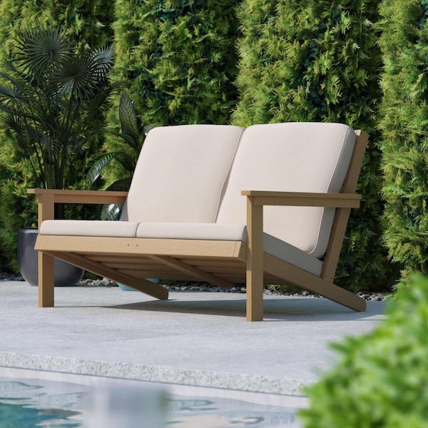 Flash Furniture Natural Cedar Poly Resin Loveseat-Cream Cushions JJ-C14022-BR-GG - main
